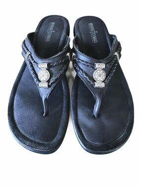 Minnetonka Black Braided Concho Thong Sandals